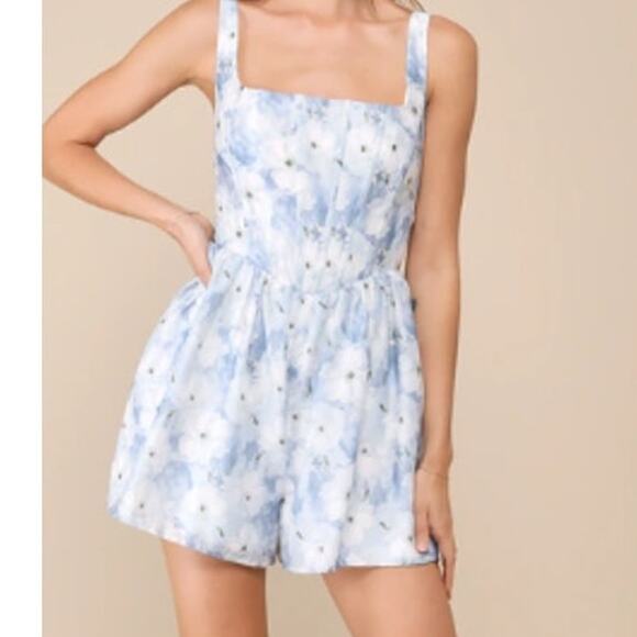 LULU'S SZ S Truly a Cutie Light Blue Floral Organza Bustier Romper NEW B122